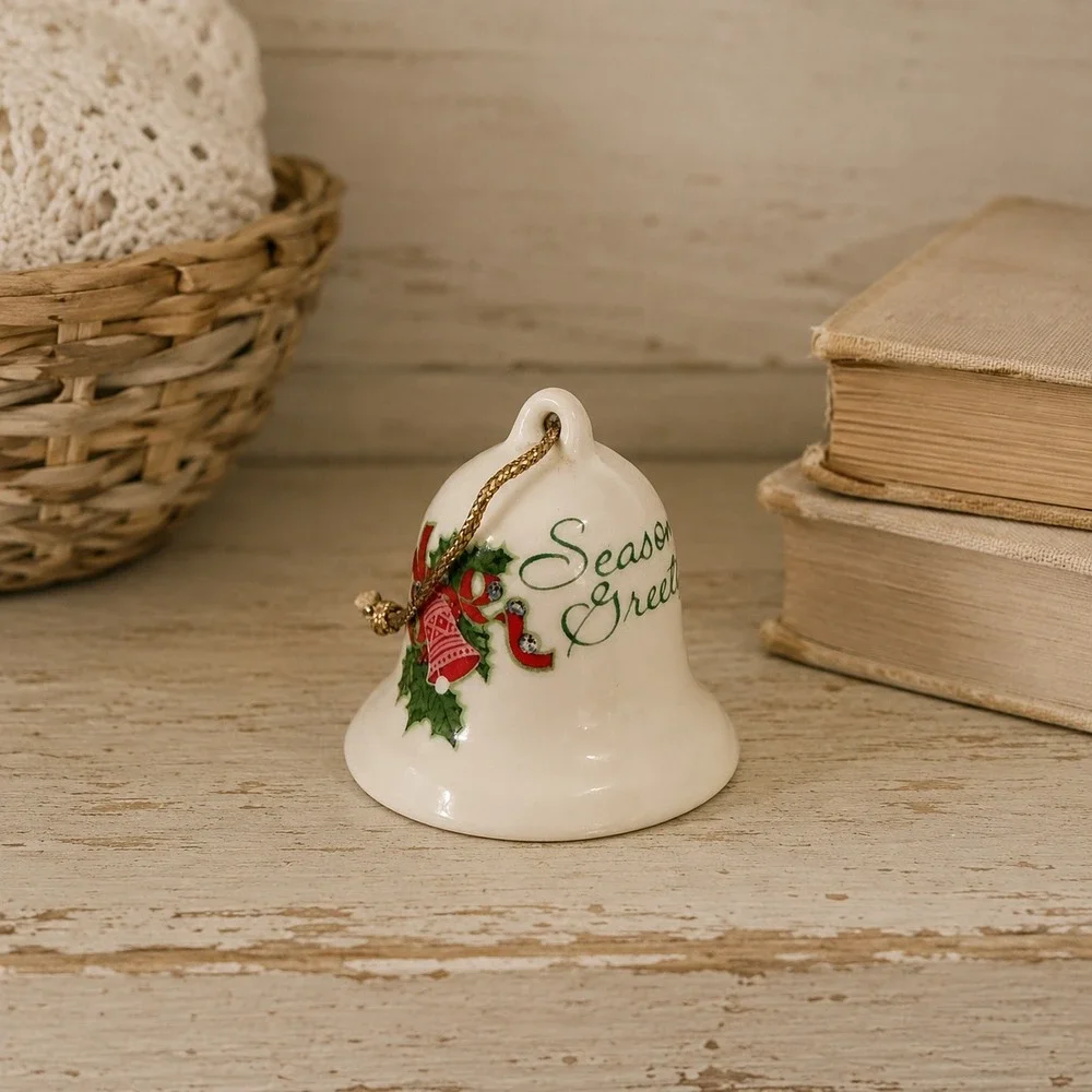Vintage Ceramic Christmas Bell Ornament Seasons Greetings Holly Red Green 2in